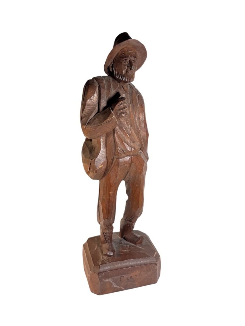 Vintage Caron Wooden Carving Sculpture Old Man Folklore Beard Satchel Hat 12"